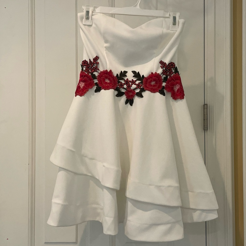 Strapless White Floral Prom Dress